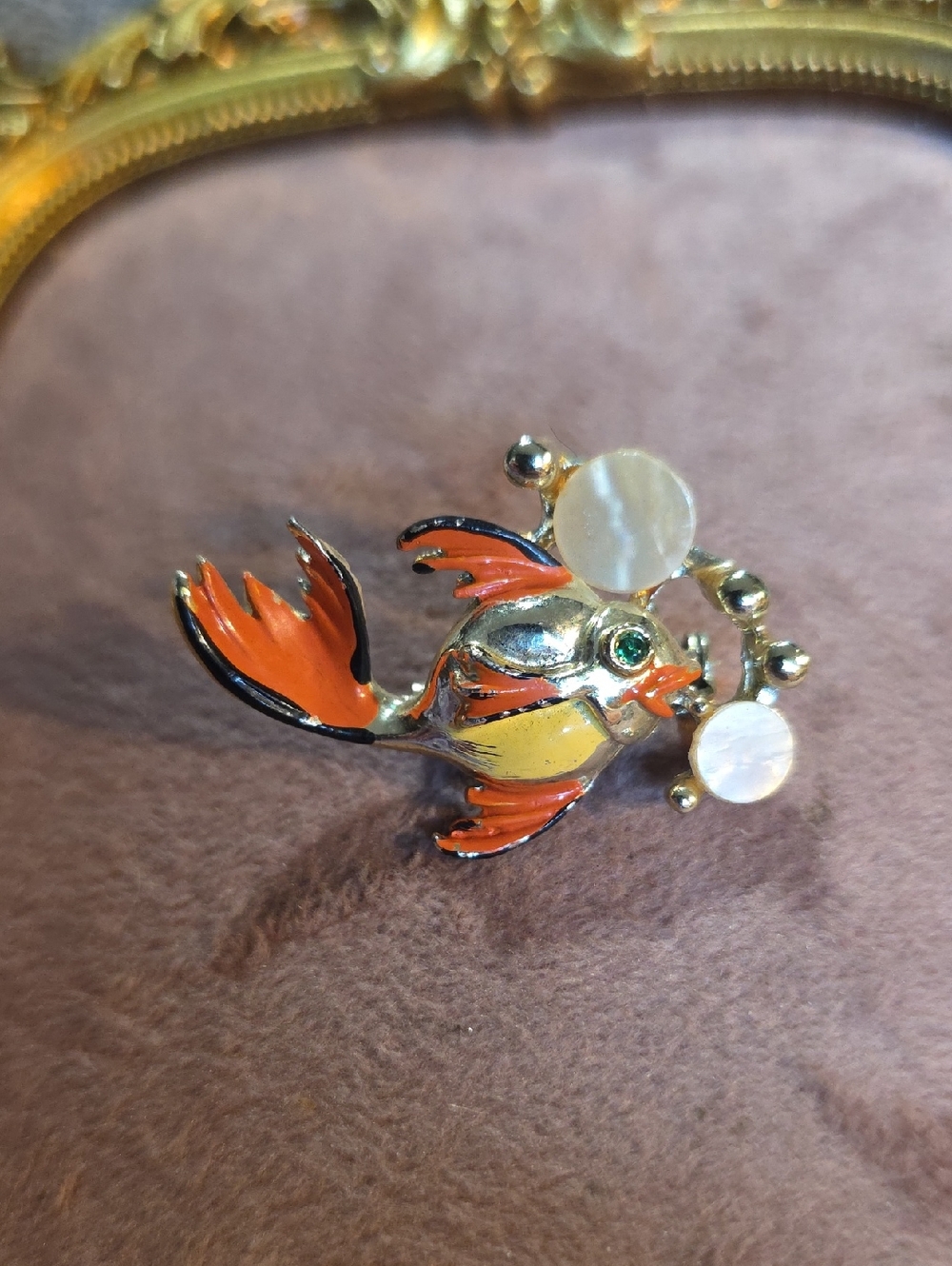 Enamel Orange & Gold Fish Brooch with Mother-of-Pearl Accents
